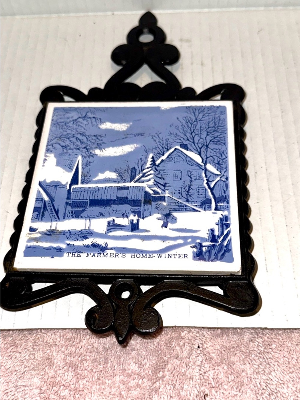 Vintage Currier & Ives Blue and White Winter Farmhouse Cast ironTile Wall Plaque
